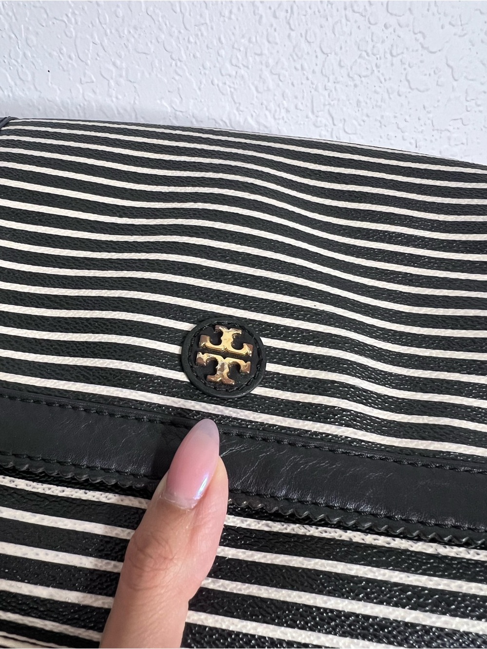 Tory Burch Crossbody Bag Purse Viva Striped & Wallet Black Leather Chain Strap - Picture 9 of 16